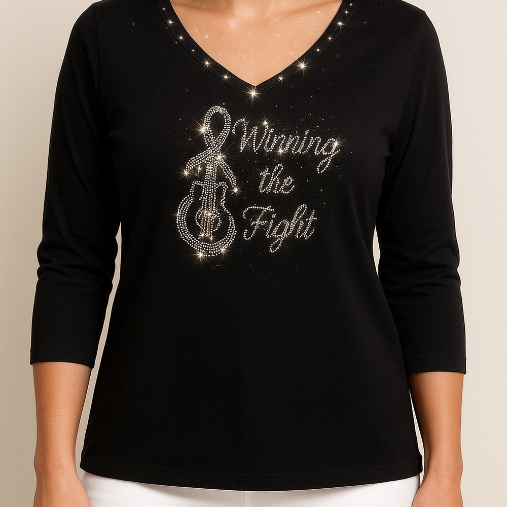 Get Lucky Brand Black Embellished V-Neck Top, “Winning The Fight” -  Size L